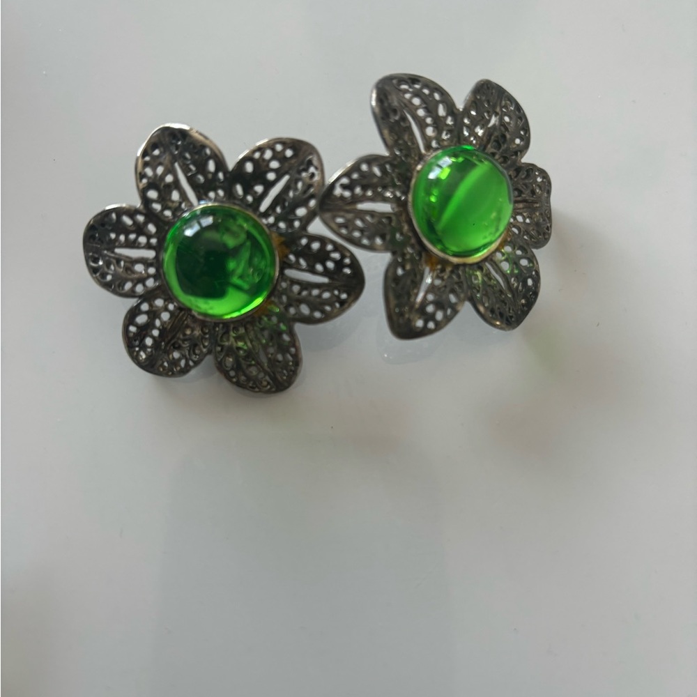 Floral Green and Silver Earrings